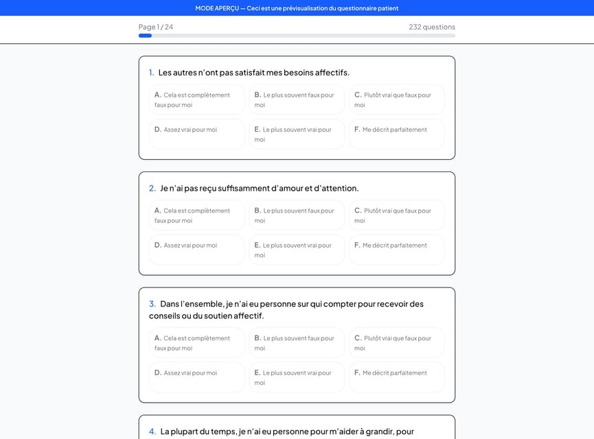 Aperçu du questionnaire YSQ